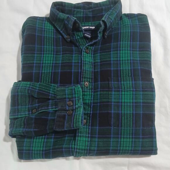 Lands' End Med Green/Blue Plaid Long-Sleeved Flannel 100% Cotton Easy Care - Picture 5 of 12